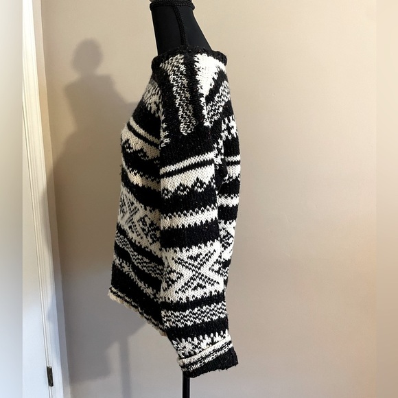 Joseph Abboud Chunky Knit Fair Isle Crewneck Sweater Black Cream Size S Wool - Picture 5 of 12